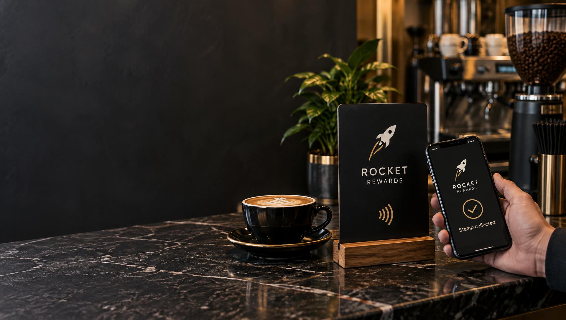 A smartphone beside a Rocket Rewards tap stand at a café counter